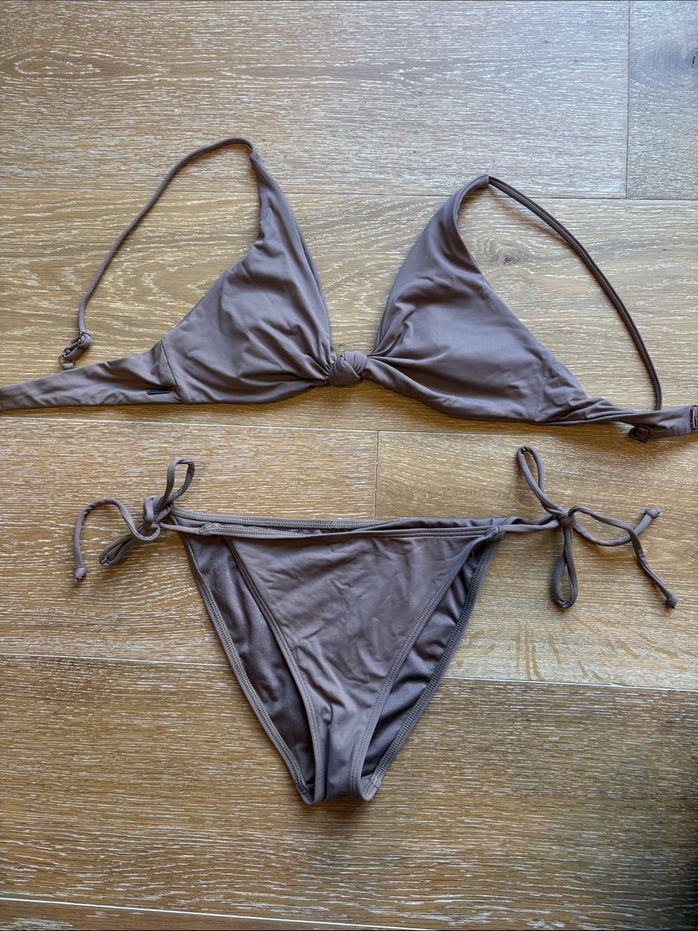 Women’s Taupe Tie-Side Triangle Bikini Top and Bottom